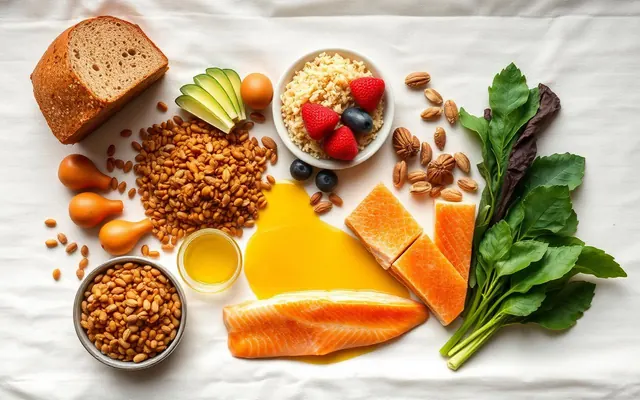 Variedad de alimentos de todos los grupos sobre lino crema, vista cenital