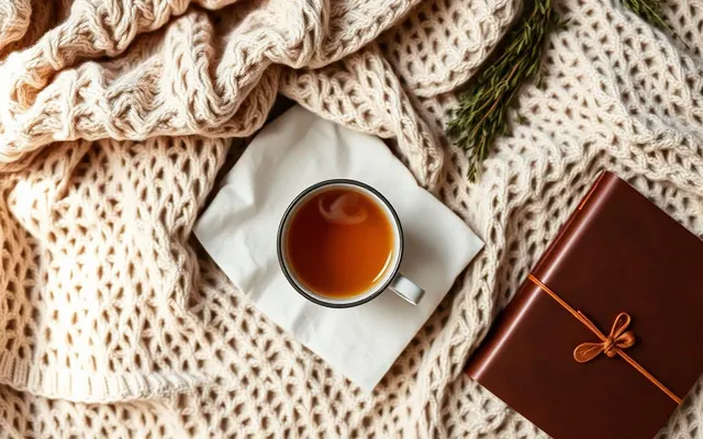 Taza de infusión y diario de bienestar sobre manta de lino, flat-lay