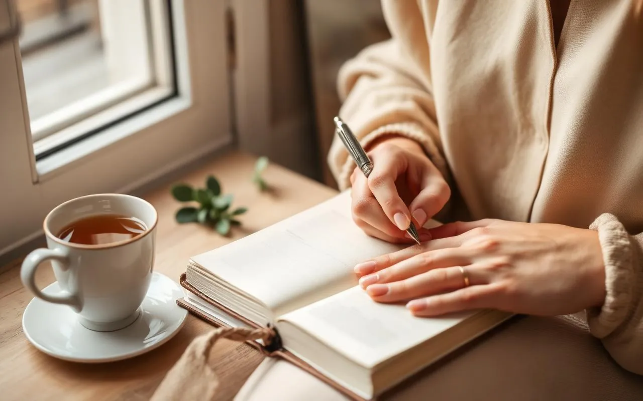 Manos femeninas escribiendo en un diario de cuero junto a una taza de té