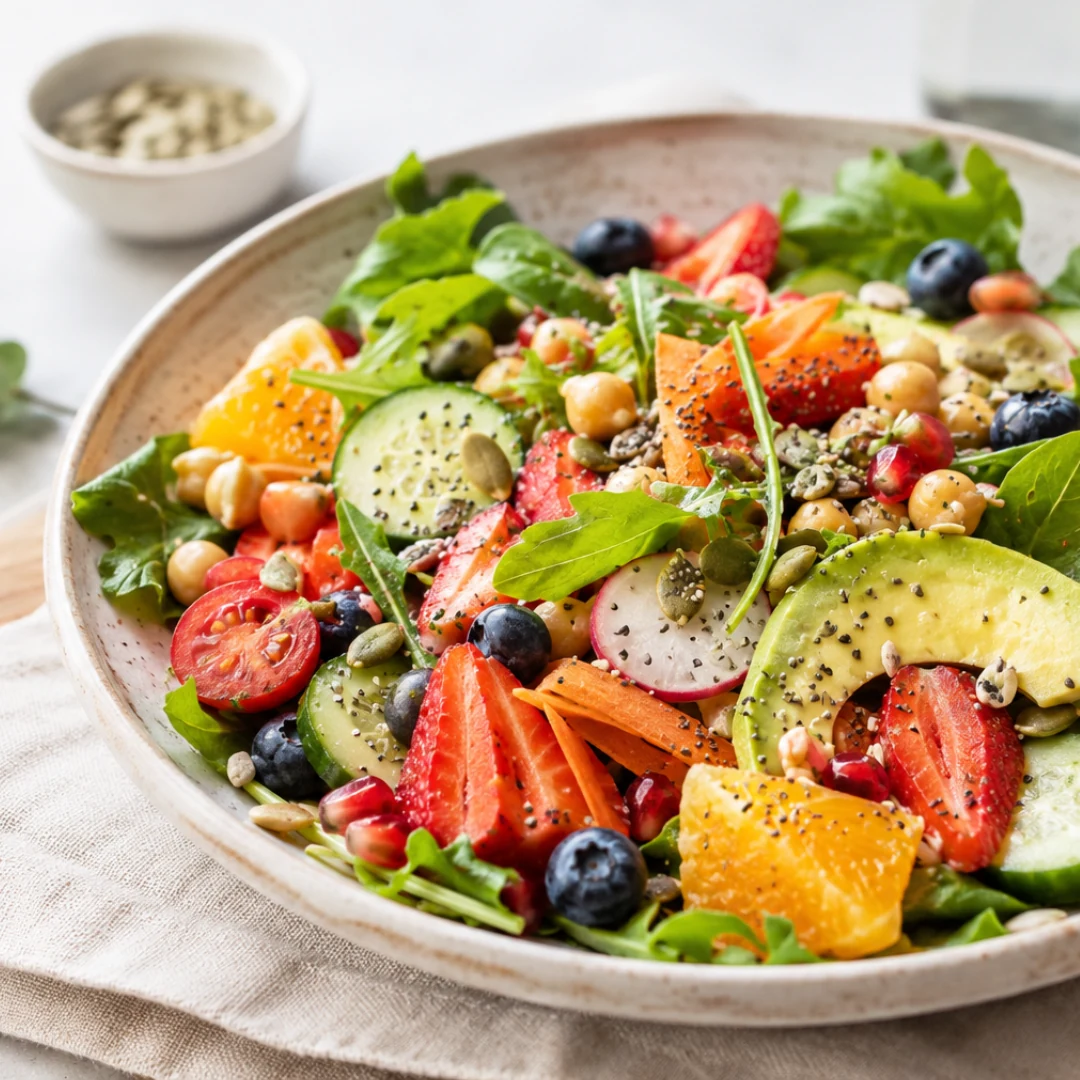 Plato de ensalada colorida con fruta, verduras y semillas