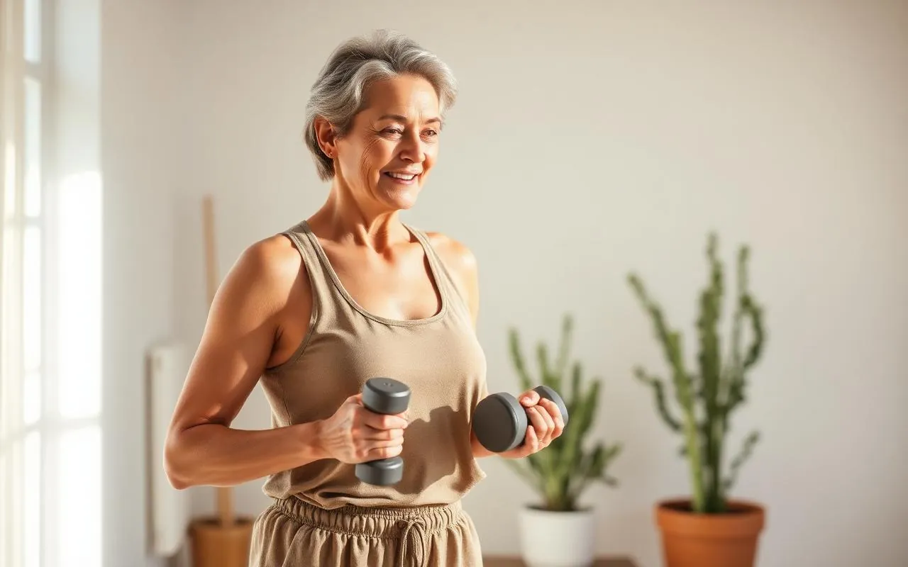 Mujer de unos 50 años entrenando fuerza con mancuernas en un estudio luminoso