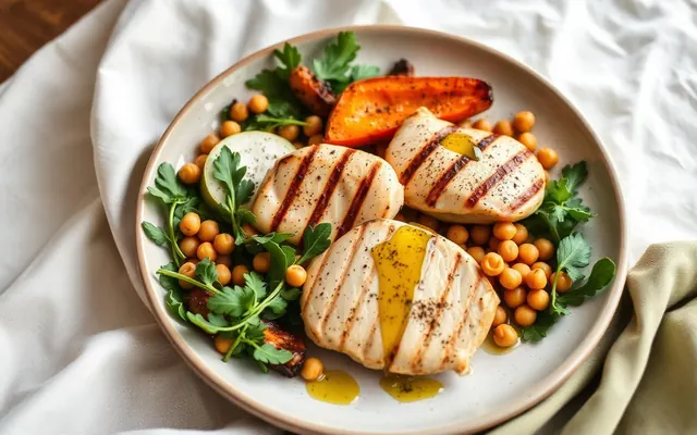 Plato abundante con pollo a la plancha, verduras y garbanzos, food editorial