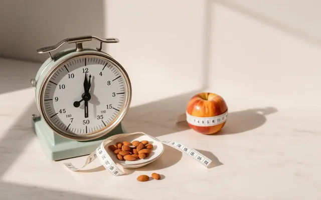 Báscula de cocina vintage, almendras y manzana sobre mármol cremoso