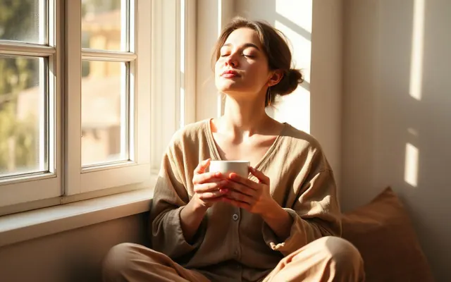 Mujer respirando con calma frente a una ventana soleada, sosteniendo una taza