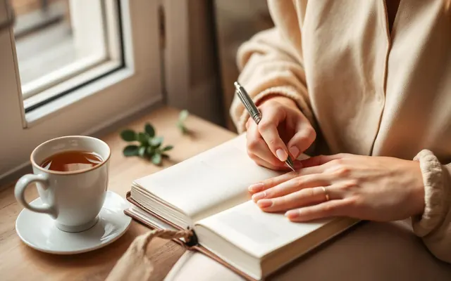 Manos femeninas escribiendo en un diario de cuero junto a una taza de té