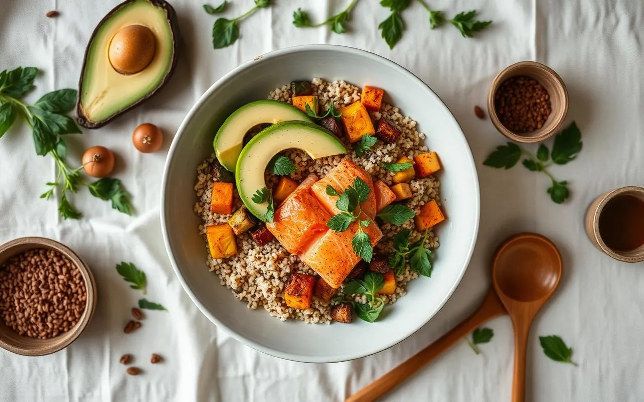 Cuenco de comida real con quinoa, verduras asadas y salmón, food editorial